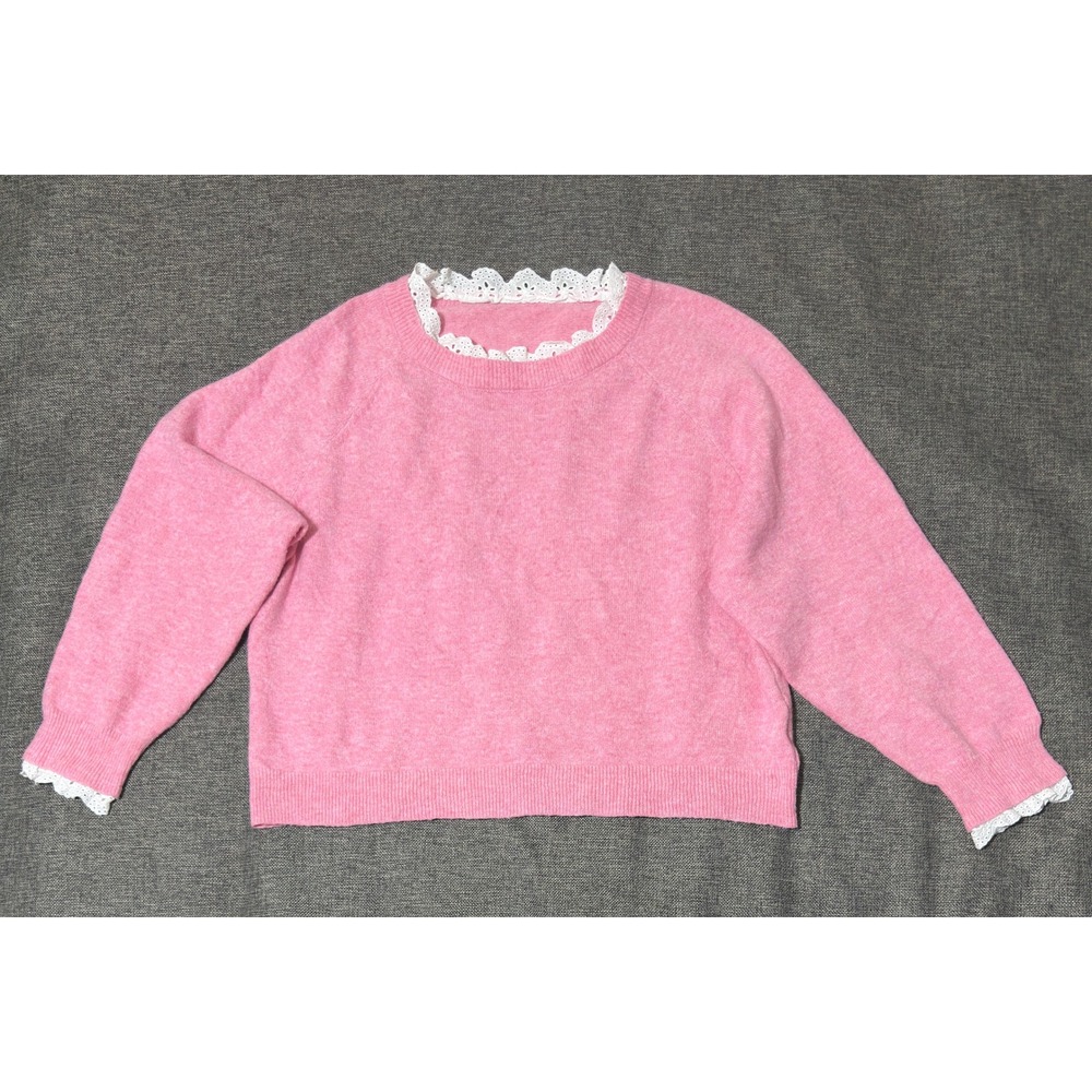 SHEIN CURVE Womens 1XL Sweater Pink Eyelet Lace Trim Long Sleeve Knit Pullover
